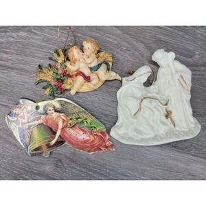 Vintage Angels & Nativity Glass Cardboard ‎ Ornaments Lot Of 3 unique Christmas